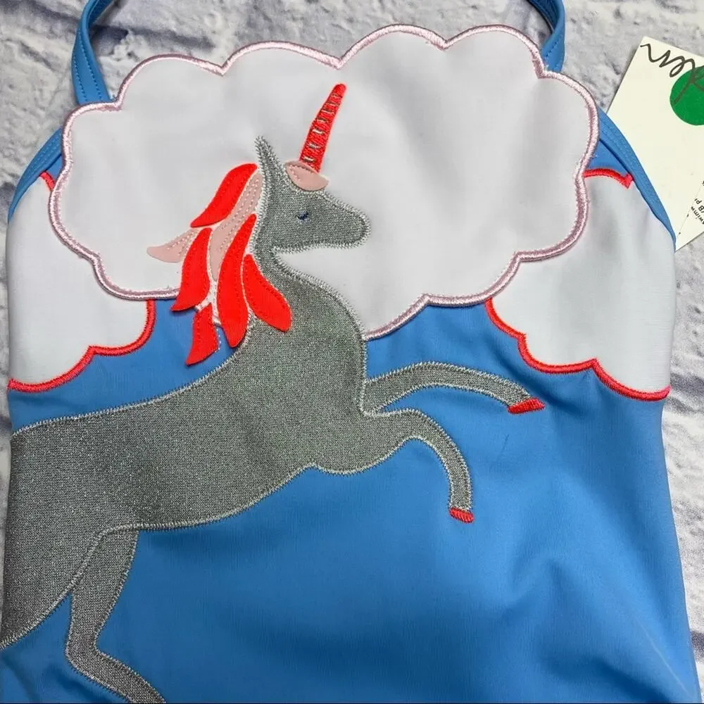 Mini Boden Unicorn Appliqué Swimsuit in Cloud Blue Unicorn